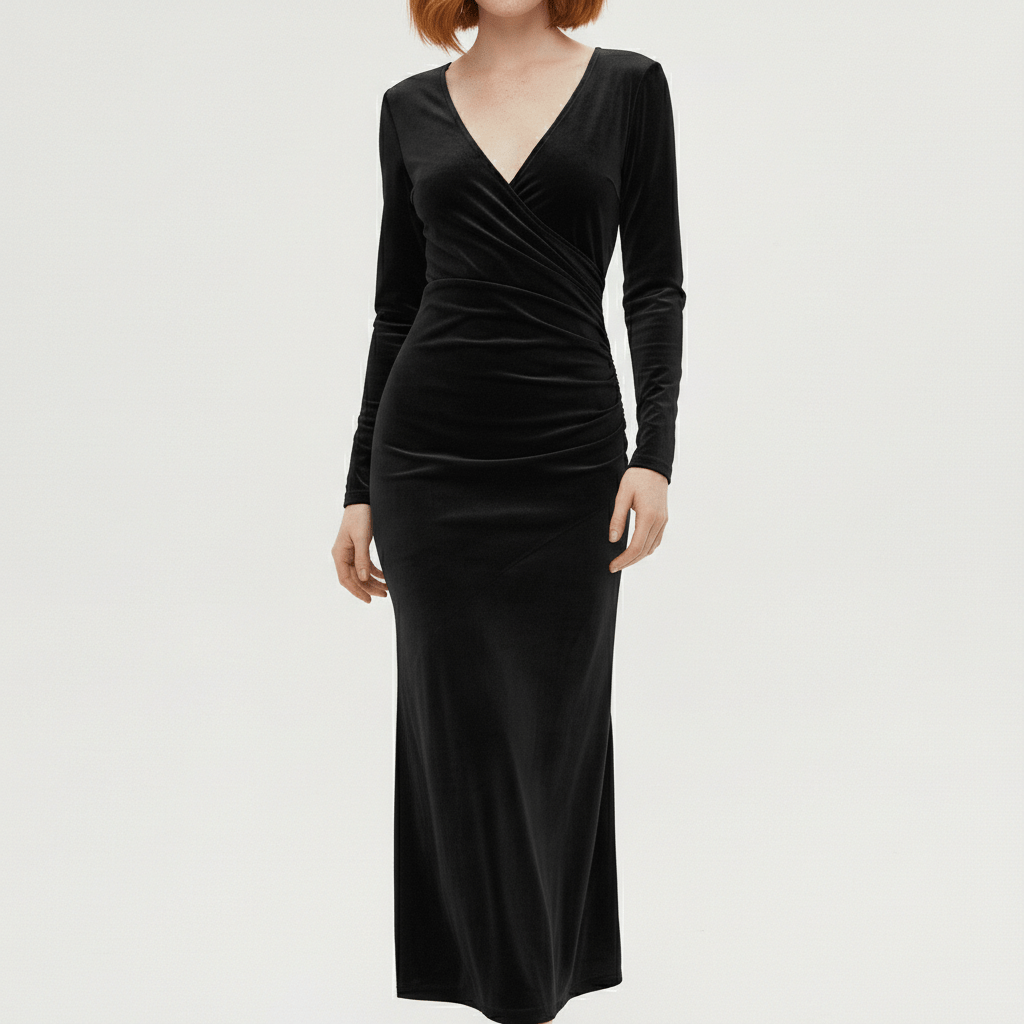 Aviana Velvet Wrap Midi Dress with V-Neck