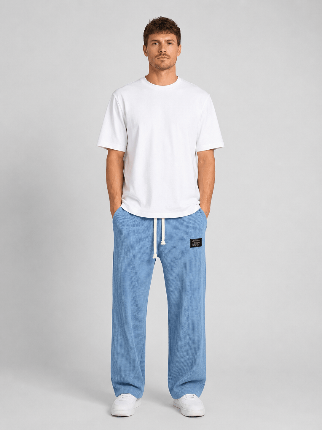 Men's Relaxed Straight Leg Waffle Knit Drawstring Lounge Trousers