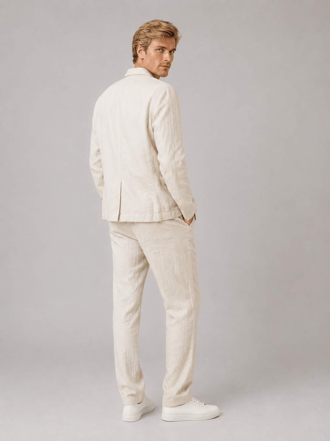 Men's Relaxed Fit Linen Blend Suit with Drawstring Trousers