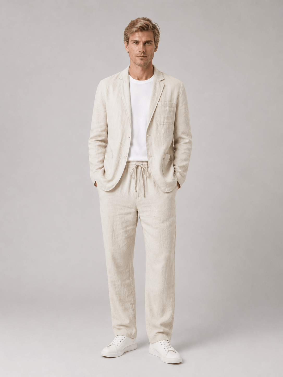 Men's Relaxed Fit Linen Blend Suit with Drawstring Trousers