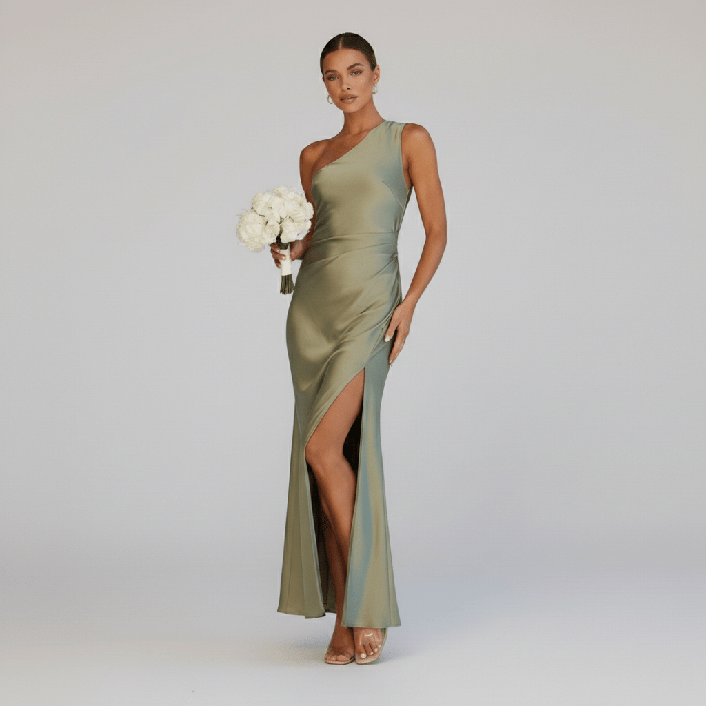 Bridget One Shoulder Green Wedding Guest Dress with Side Split Maxi Length