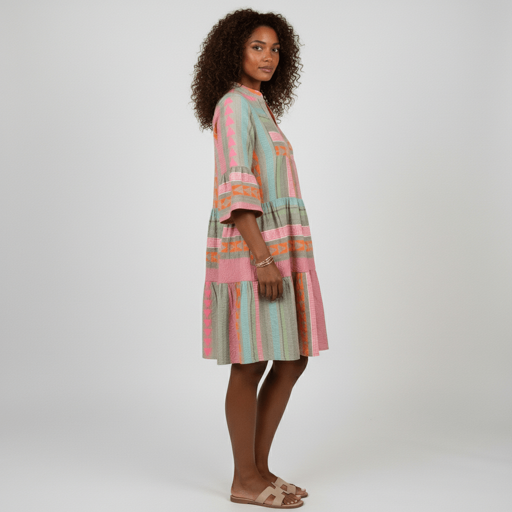 Briella Printed Midi Dress with Tiered Skirt and 3/4 Sleeves