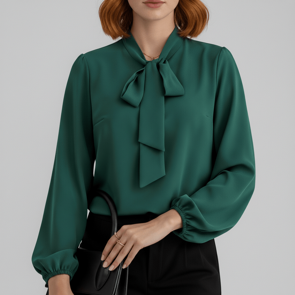 Christa Bow Tie Neck Long Sleeve Blouse with Tie Front
