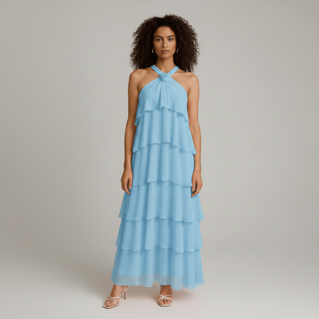 Cleo Halter Neck Maxi Summer Dress with Tiered Ruffle Skirt