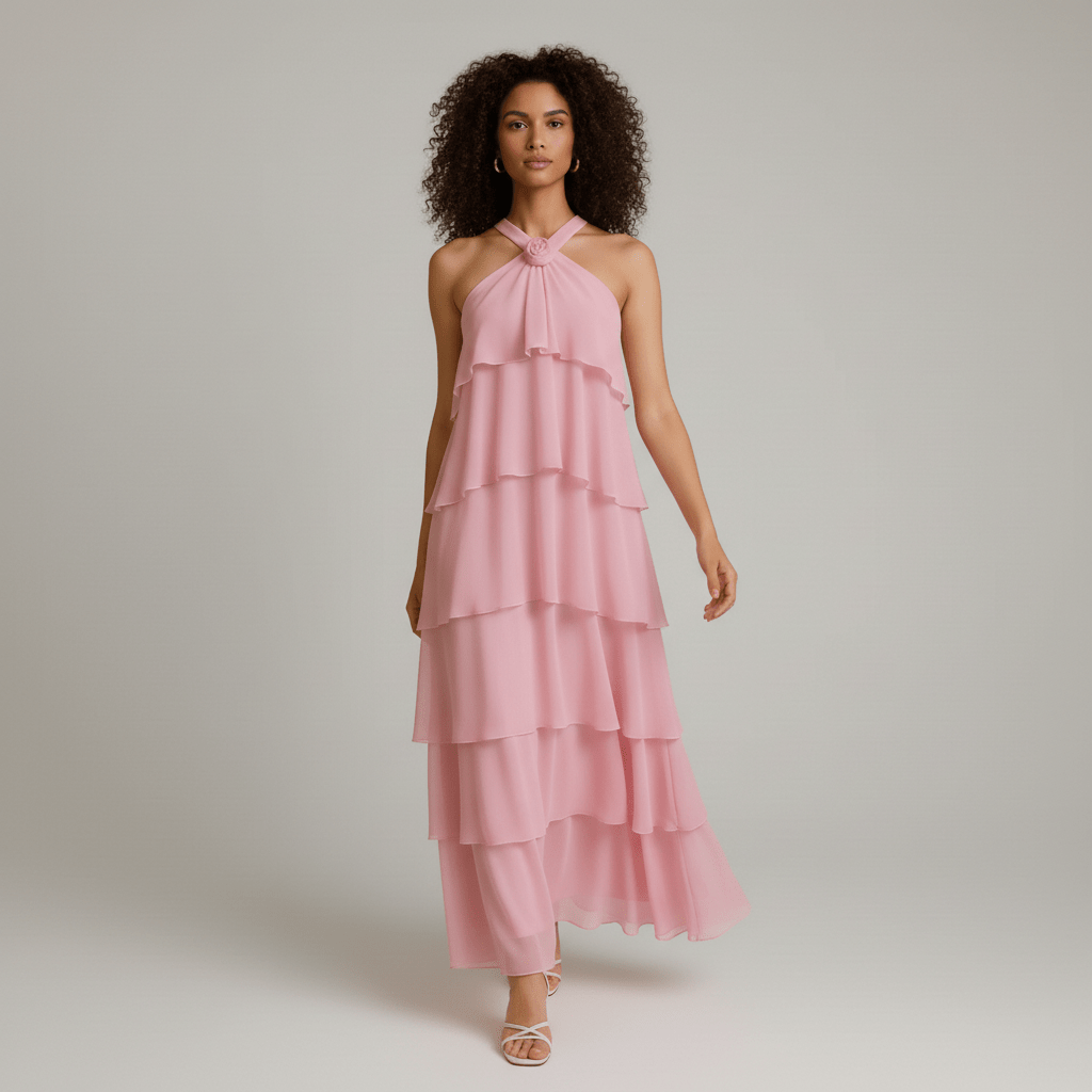 Cleo Halter Neck Maxi Summer Dress with Tiered Ruffle Skirt