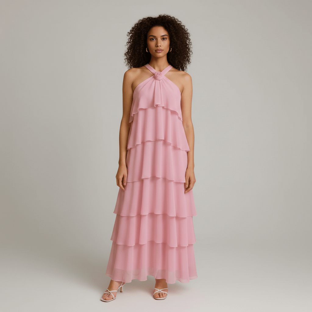 Cleo Halter Neck Maxi Summer Dress with Tiered Ruffle Skirt