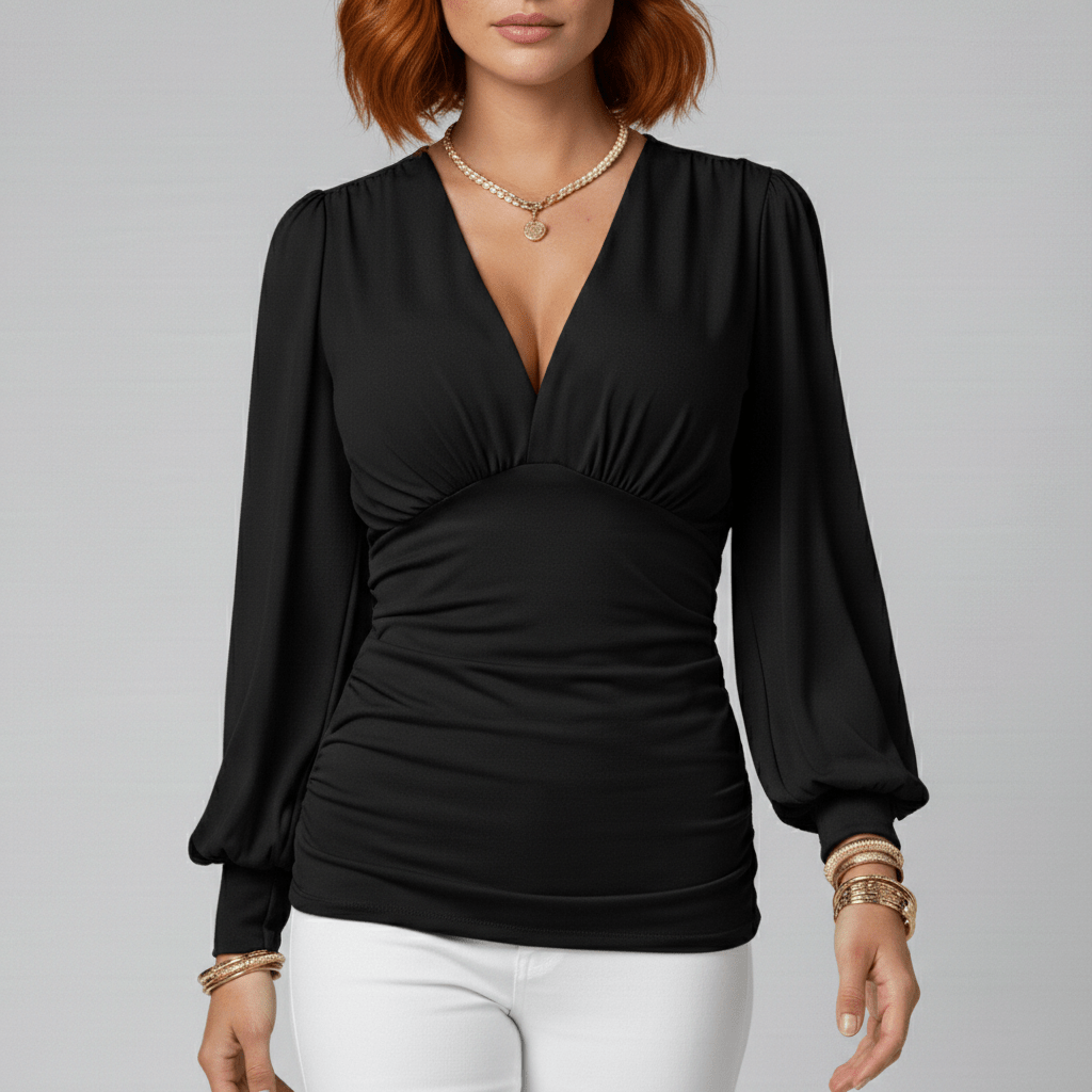 Constance Deep V-Neck Ruched Waist Blouse with Long Sleeves