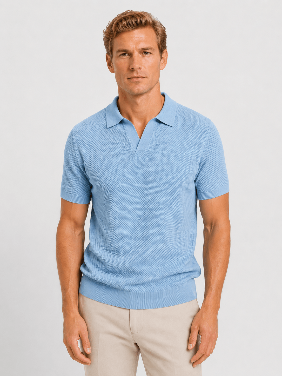 Men's Short Sleeve Textured Knitted Polo Shirt With Open Collar
