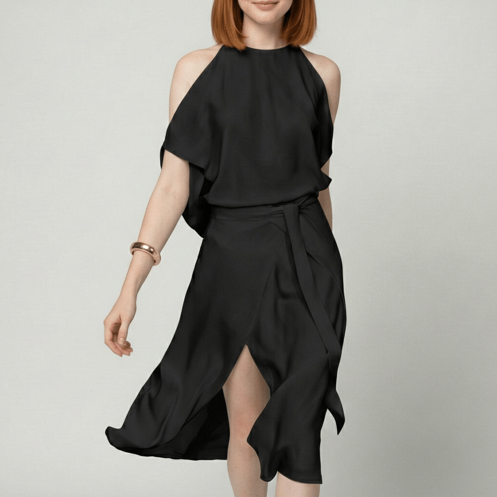 Daisy Midi Dress with Cold Shoulder Cut-Out and Wrap Skirt