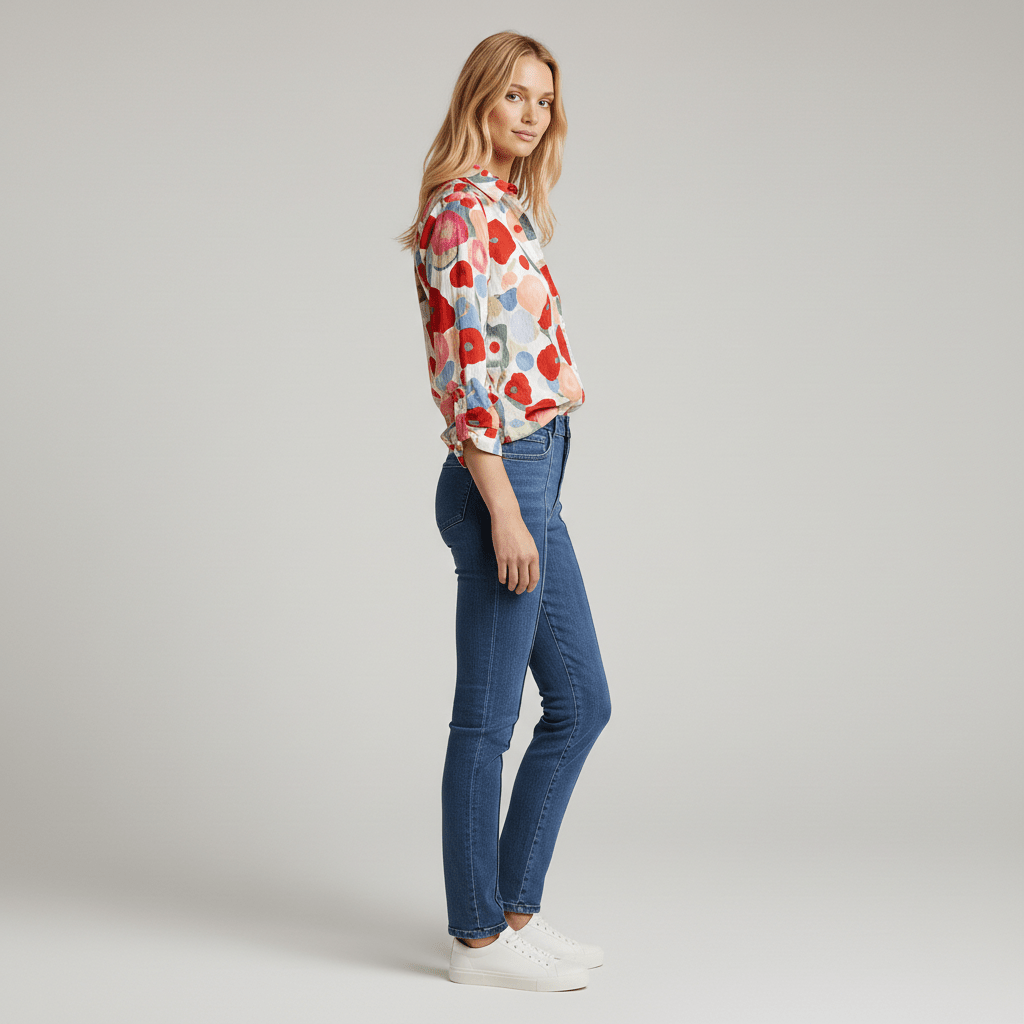 Davia V-Neck Floral Print Button Down Blouse with Long Sleeves