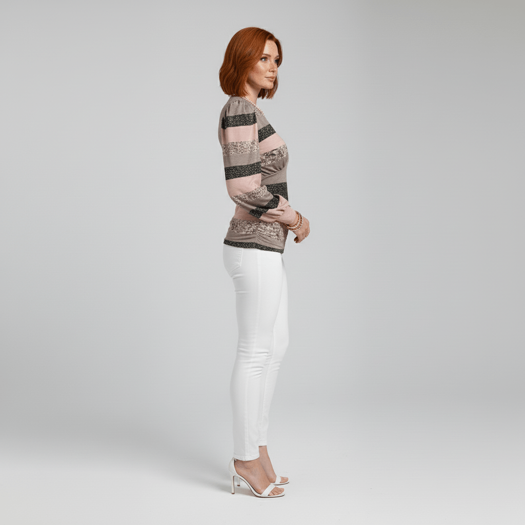 Donna Deep V-Neck Long Sleeve Blouse with Ruched Waist