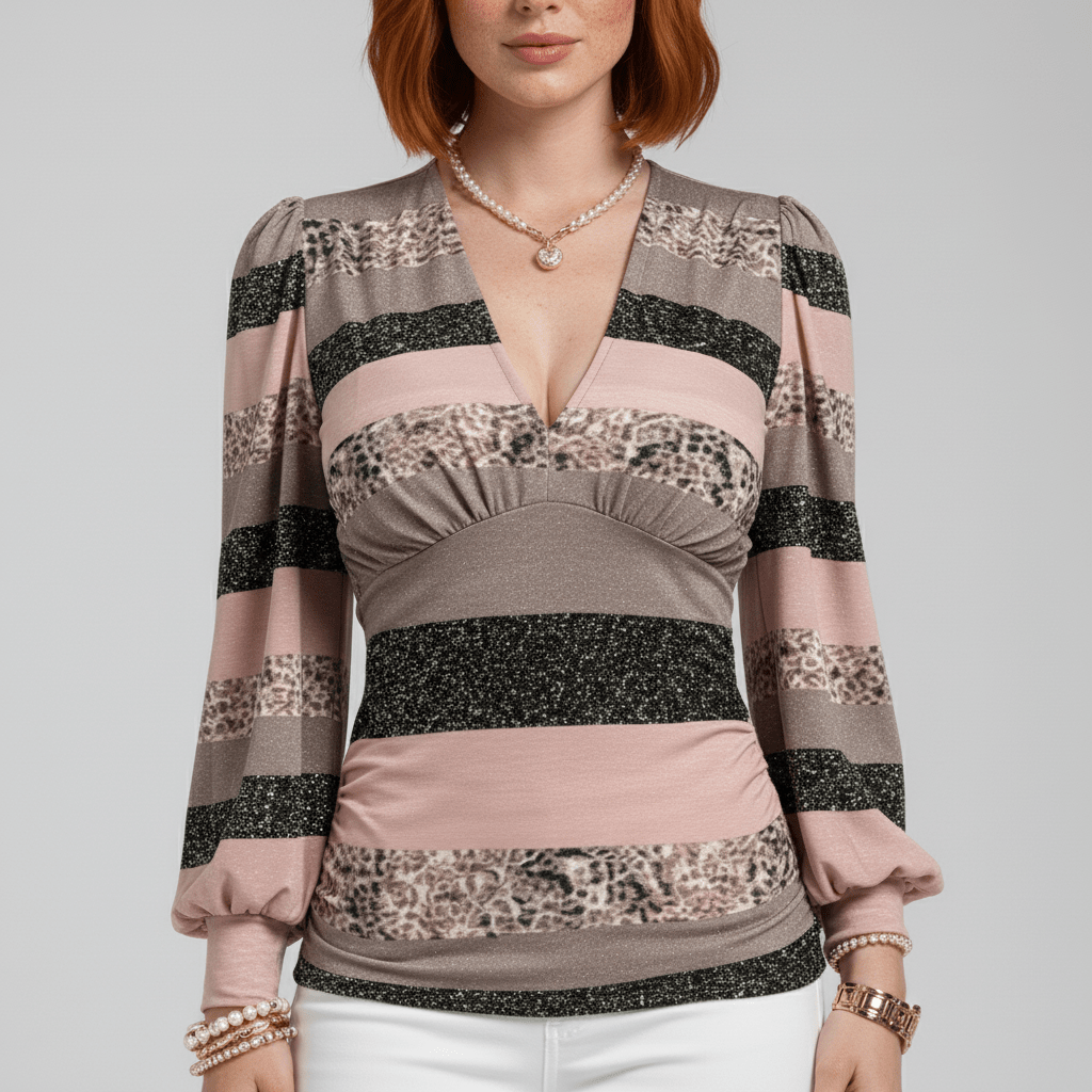 Donna Deep V-Neck Long Sleeve Blouse with Ruched Waist