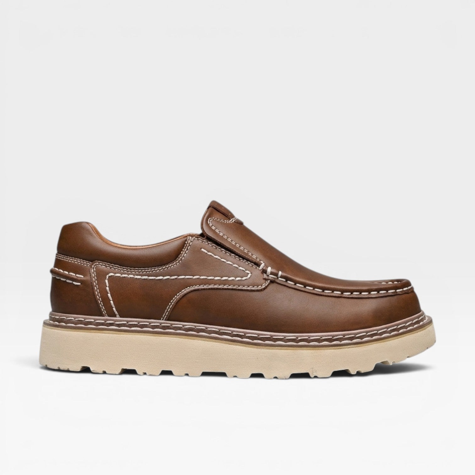 Men's Chunky Sole Leather Slip On Loafers with Contrast Stitching