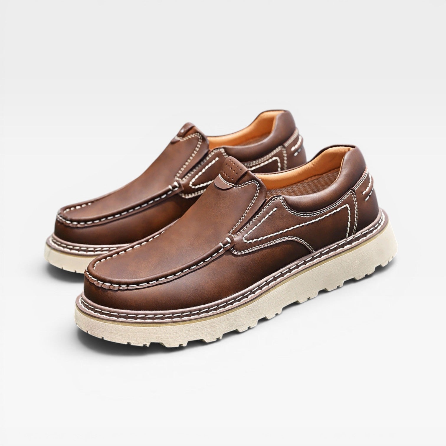 Men's Chunky Sole Leather Slip On Loafers with Contrast Stitching
