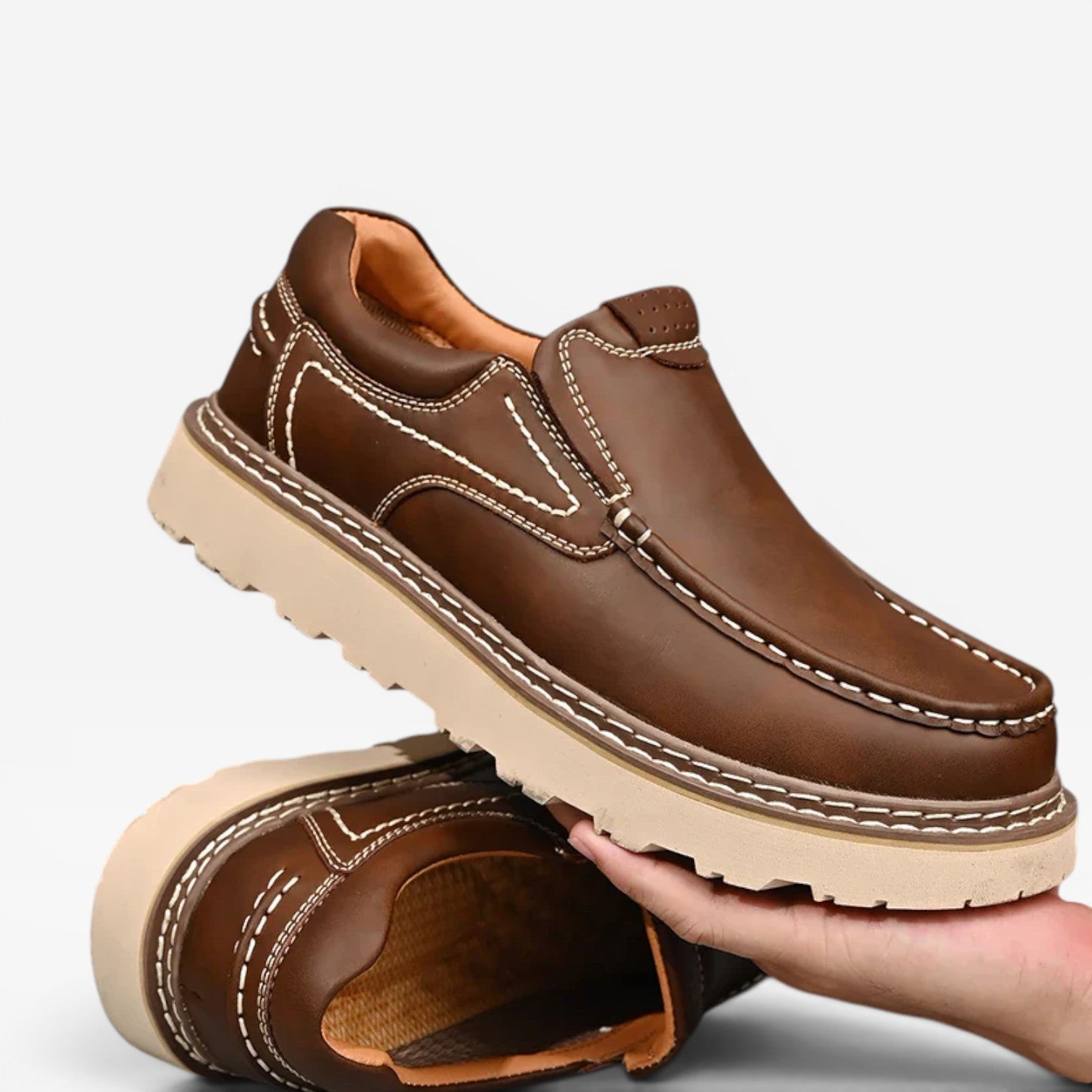 Men's Chunky Sole Leather Slip On Loafers with Contrast Stitching