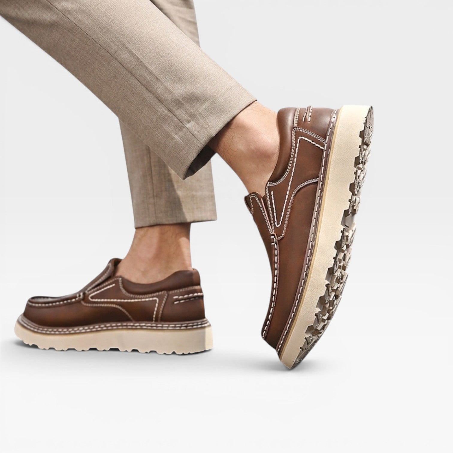 Men's Chunky Sole Leather Slip On Loafers with Contrast Stitching