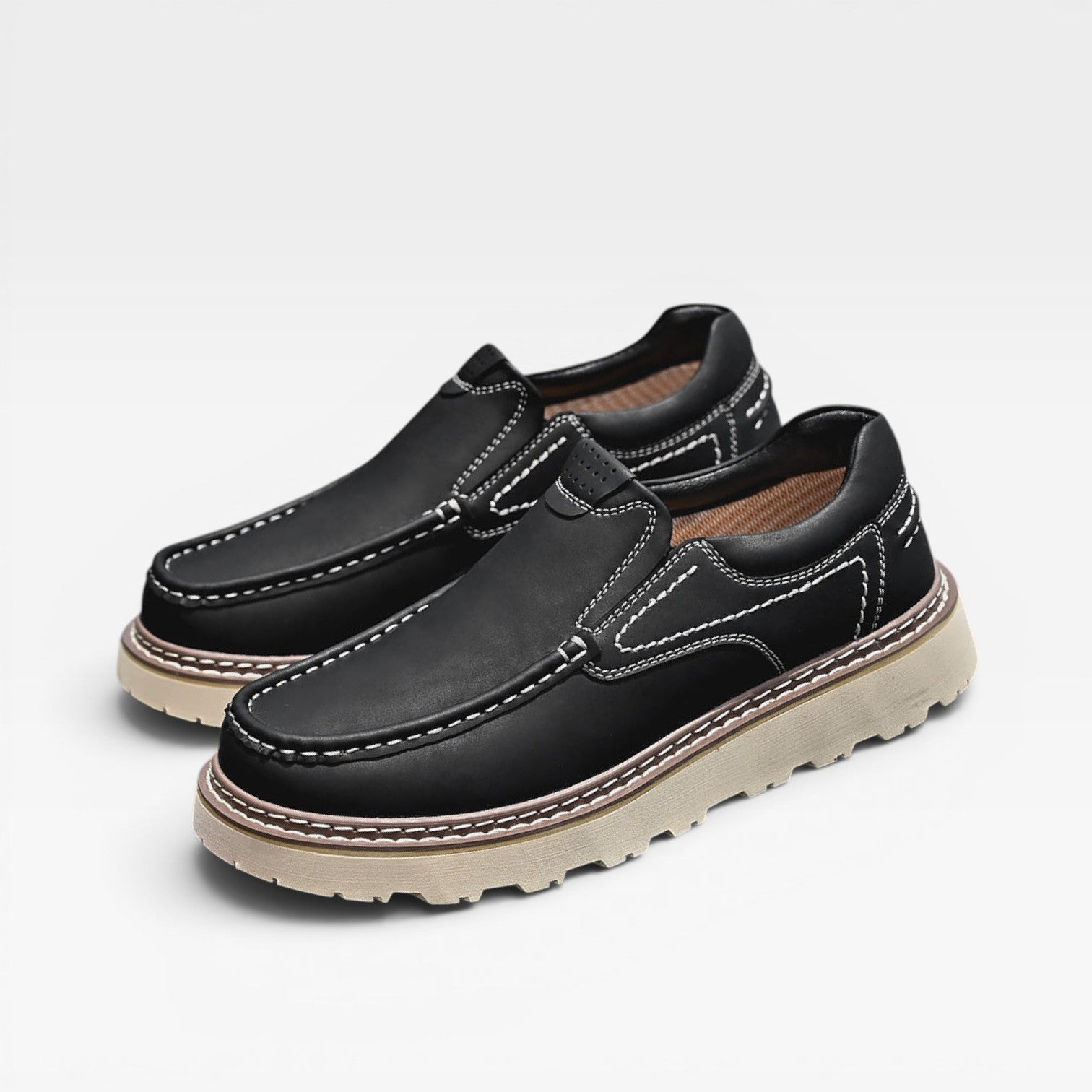 Men's Chunky Sole Leather Slip On Loafers with Contrast Stitching