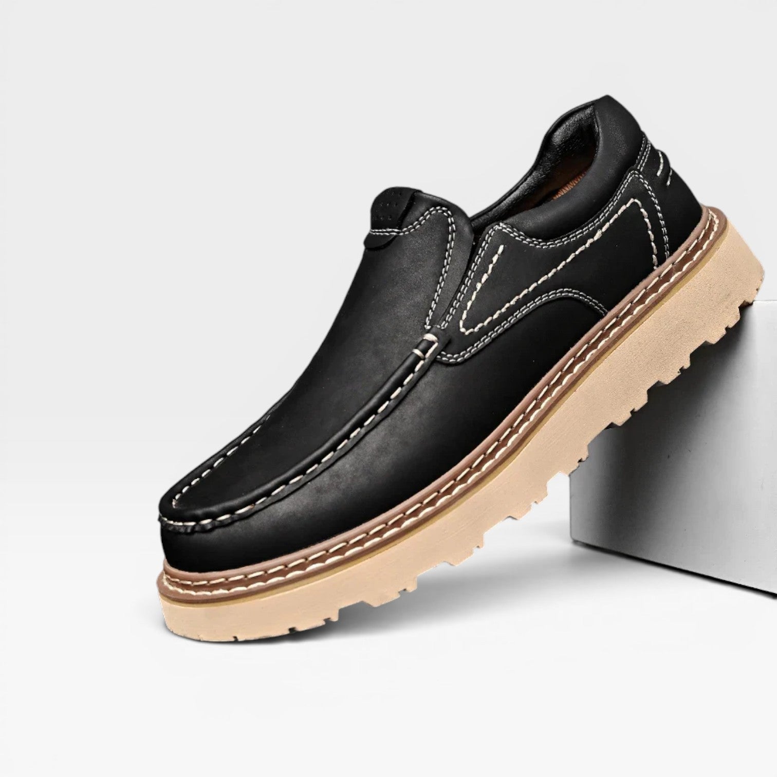Men's Chunky Sole Leather Slip On Loafers with Contrast Stitching