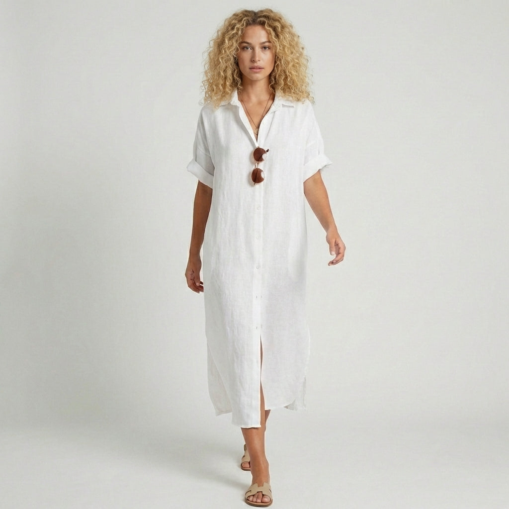 Elin Button Down Shirt Maxi Dress for Women with Short Sleeves