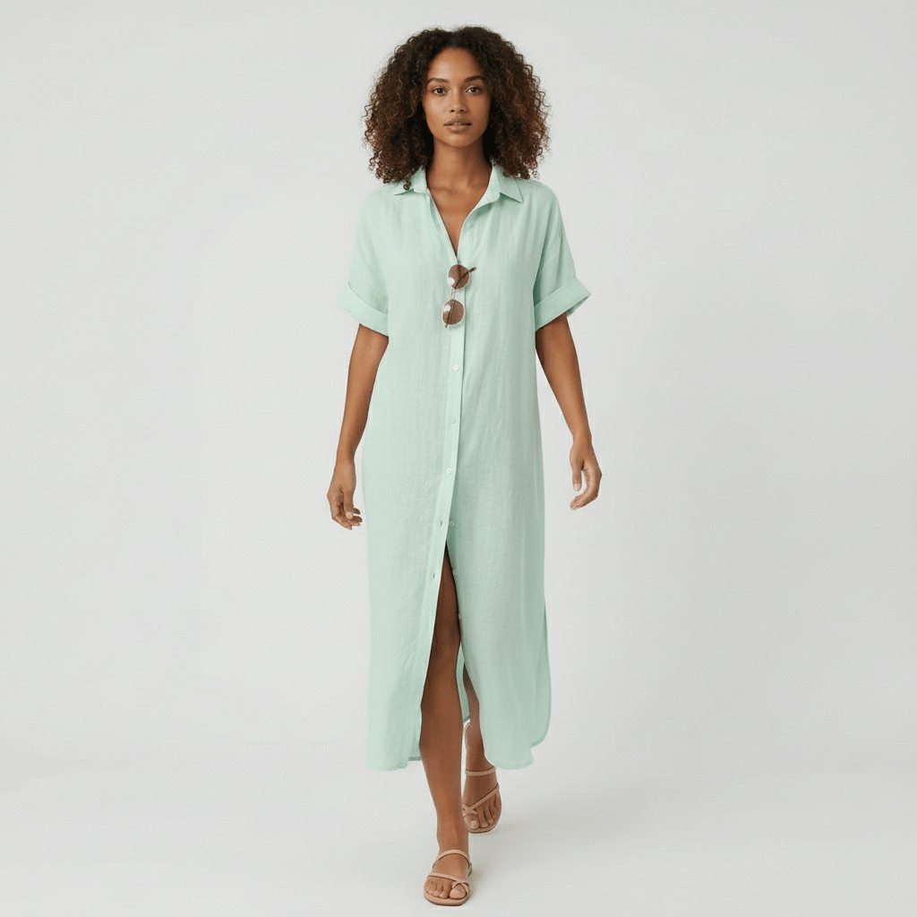 Elin Button Down Shirt Maxi Dress for Women with Short Sleeves