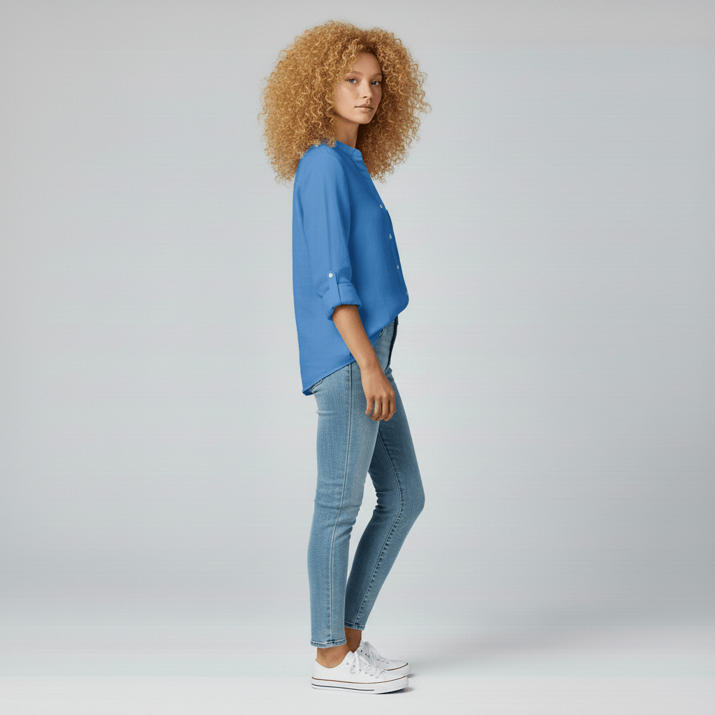 Ellie Button-Up Blouse with Stand Collar and Chest Pocket