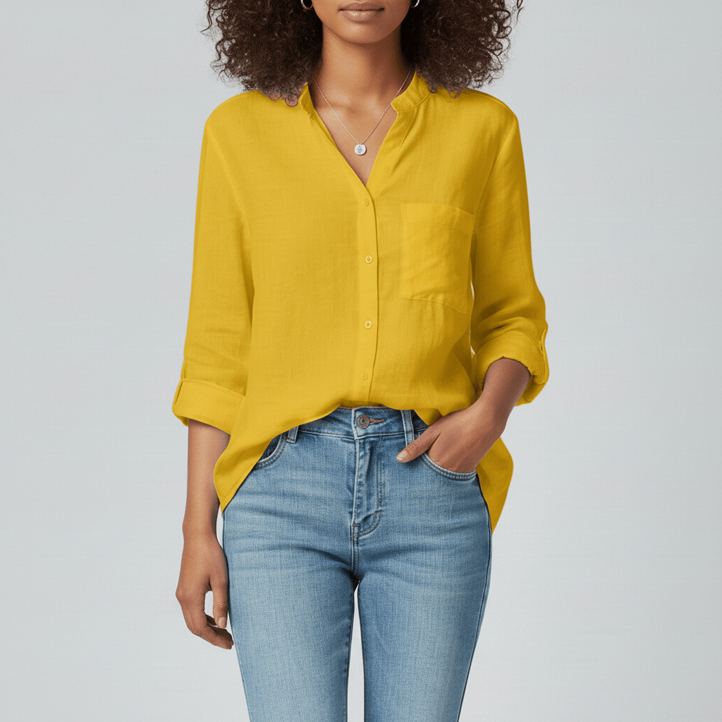 Ellie Button-Up Blouse with Stand Collar and Chest Pocket