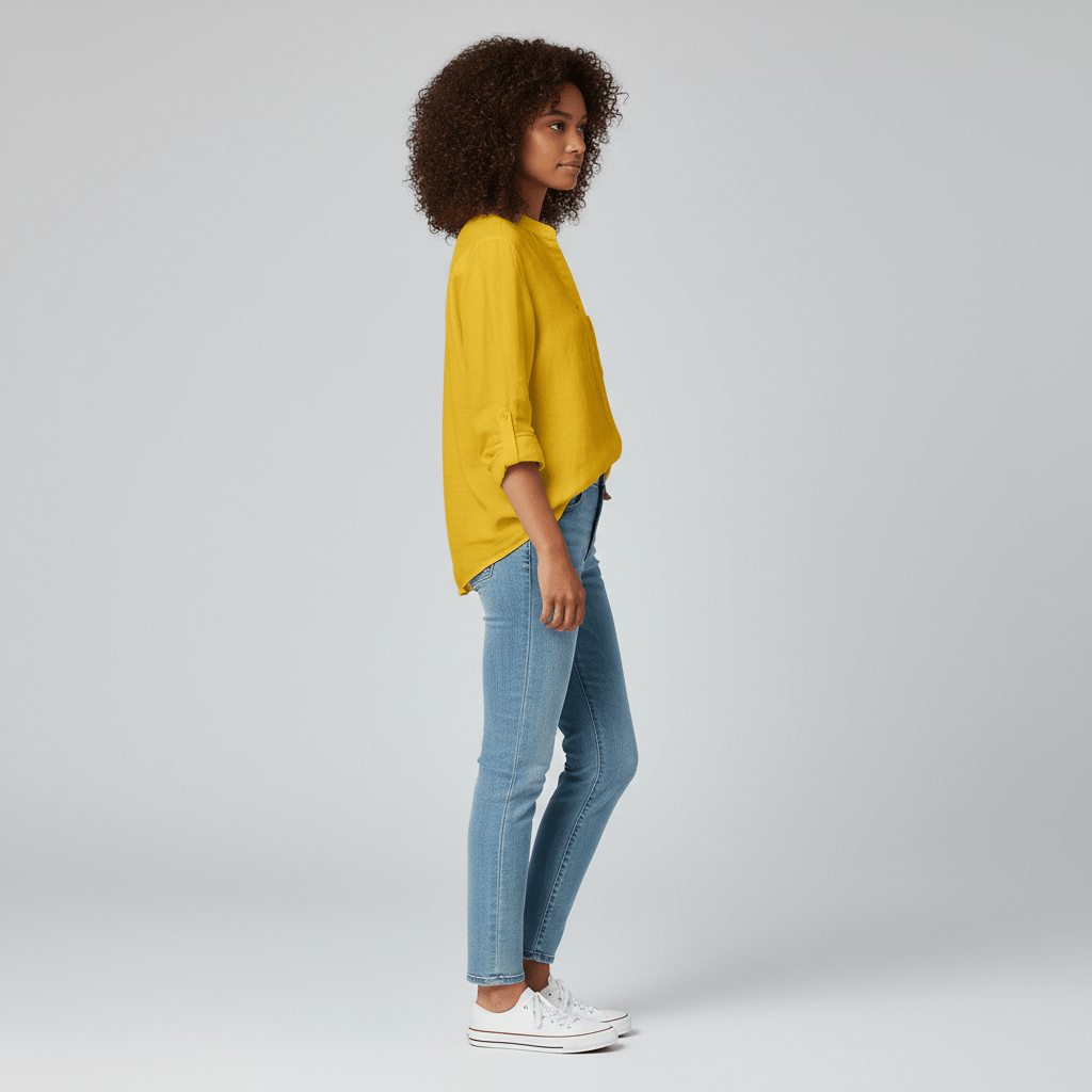 Ellie Button-Up Blouse with Stand Collar and Chest Pocket