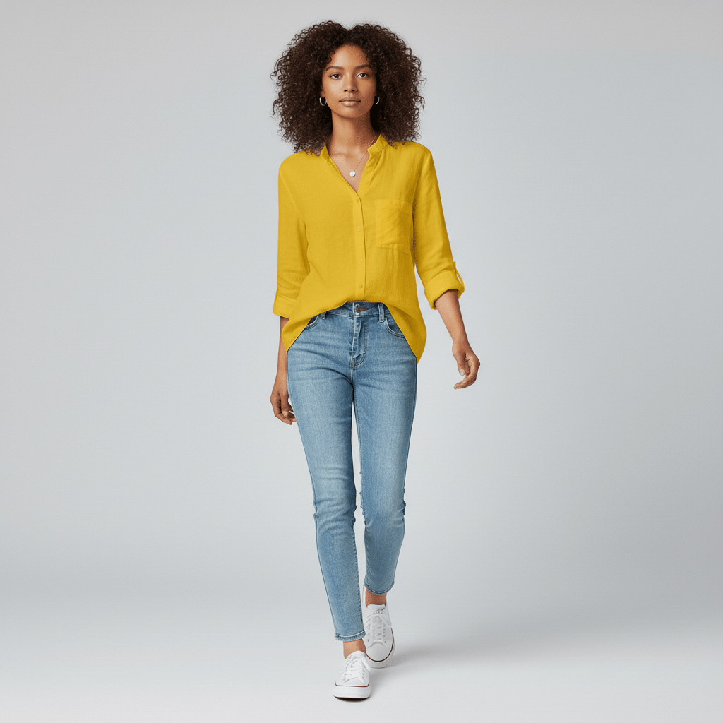 Ellie Button-Up Blouse with Stand Collar and Chest Pocket