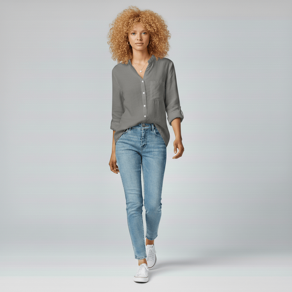 Ellie Button-Up Blouse with Stand Collar and Chest Pocket