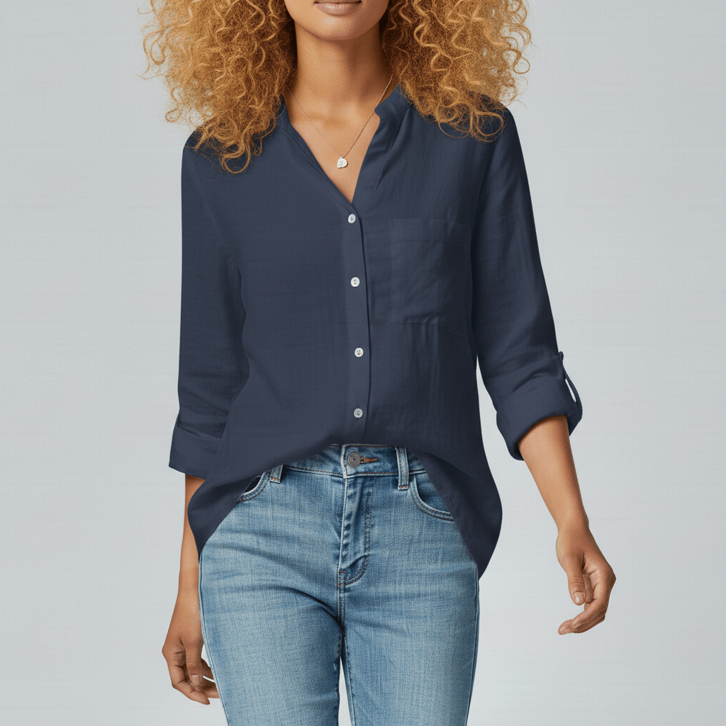 Ellie Button-Up Blouse with Stand Collar and Chest Pocket
