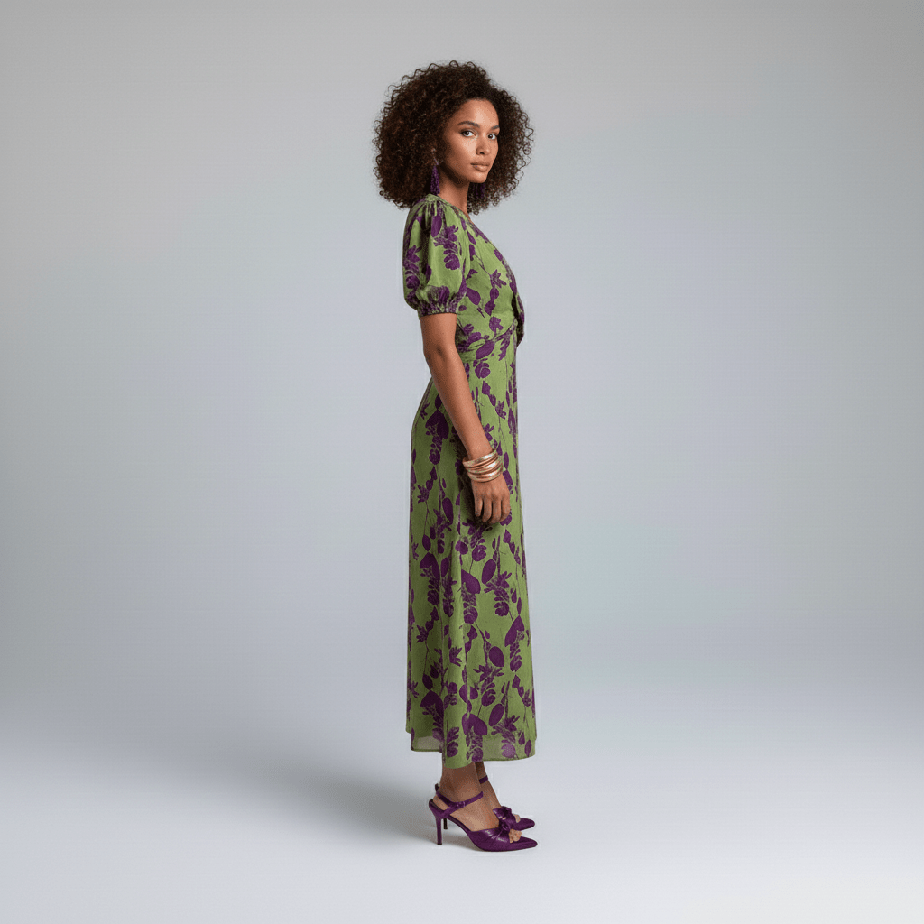 Elodie Midi Dress with Twist Front Waist and Puff Sleeves