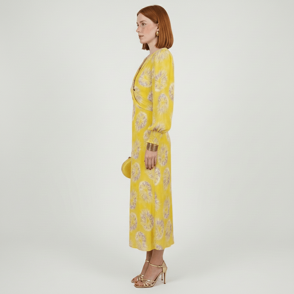 Elodie Midi Dress with Twist Front Waist and Puff Sleeves