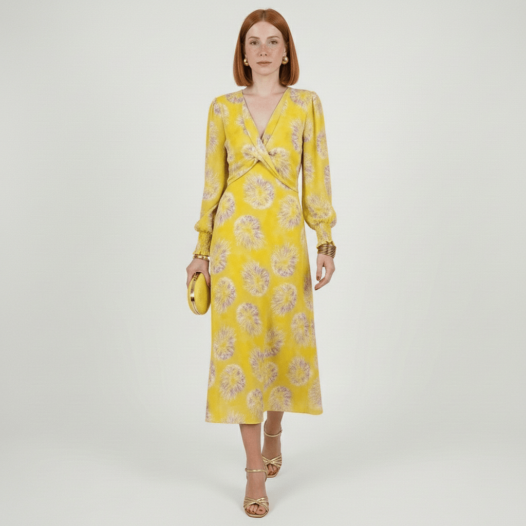 Elodie Midi Dress with Twist Front Waist and Puff Sleeves