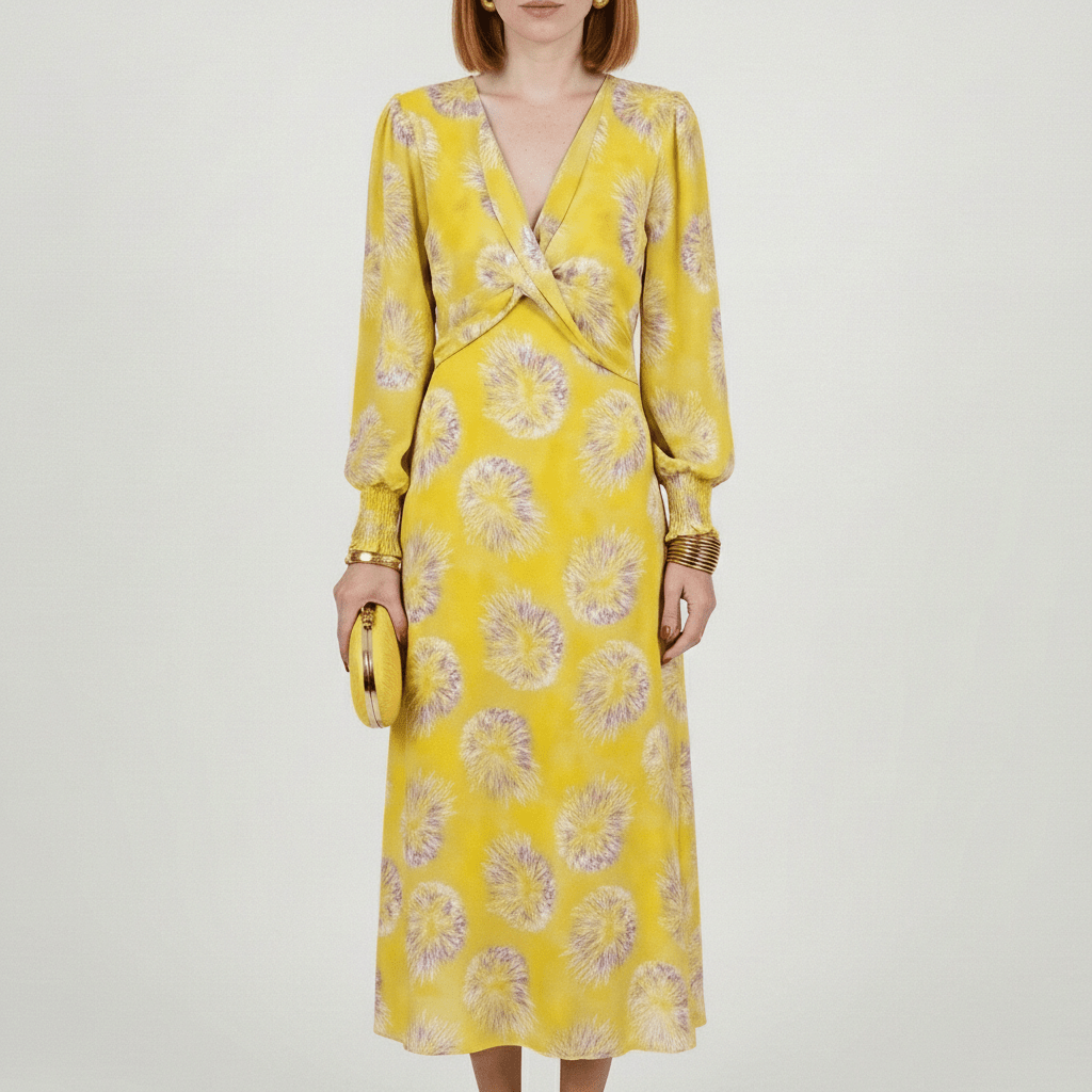 Elodie Midi Dress with Twist Front Waist and Puff Sleeves
