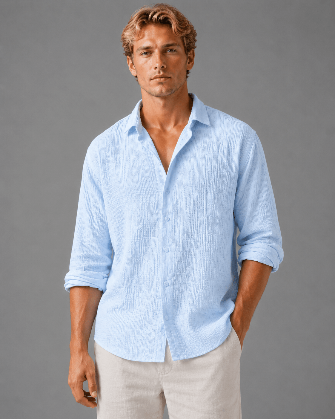 Men's Relaxed Fit Textured Long Sleeve Summer Shirt
