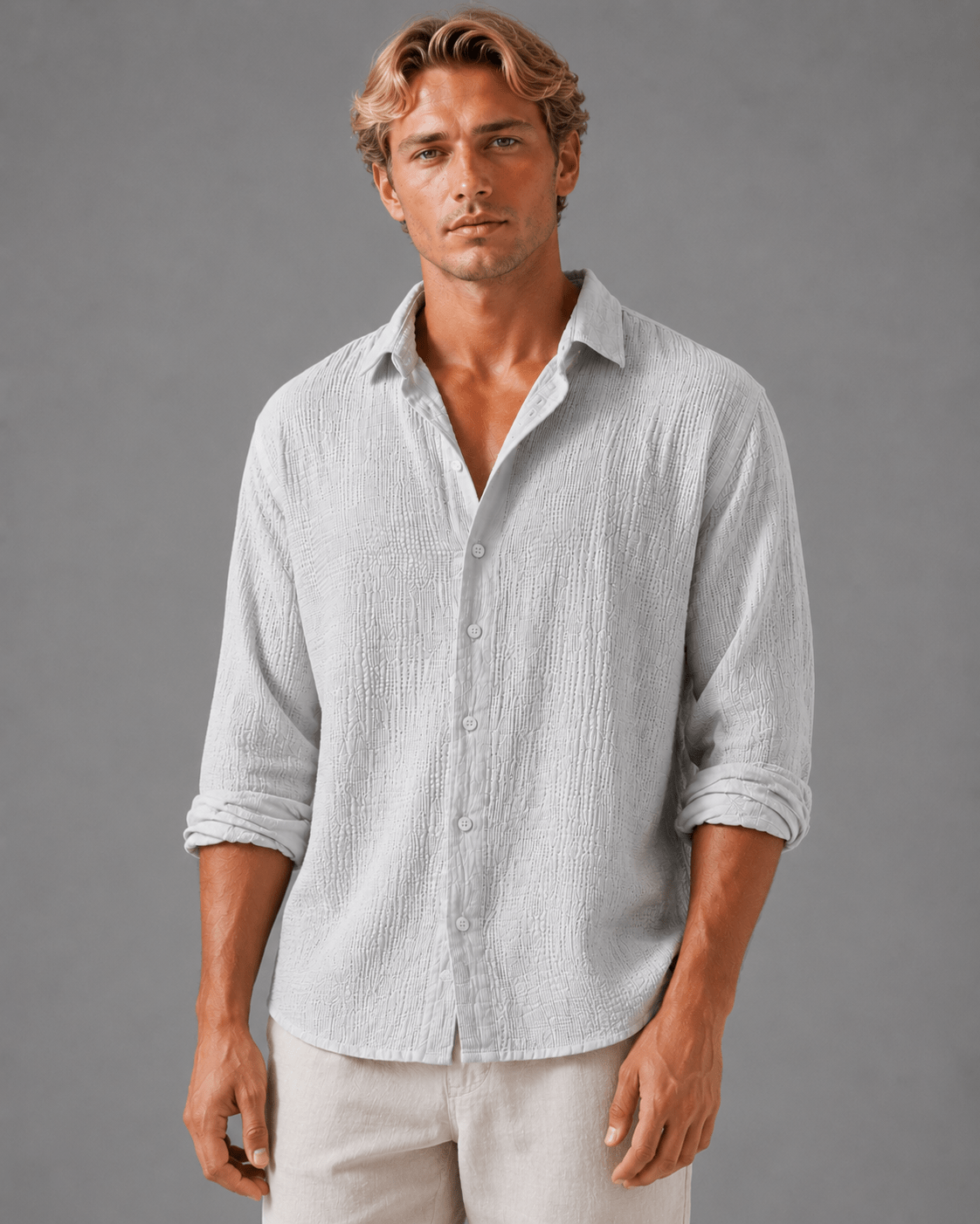 Men's Relaxed Fit Textured Long Sleeve Summer Shirt