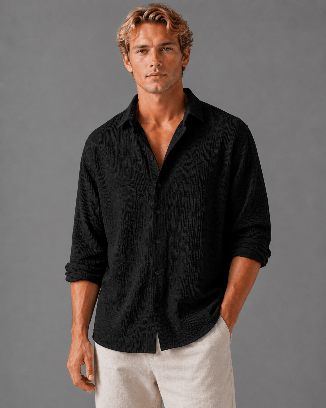 Men's Relaxed Fit Textured Long Sleeve Summer Shirt