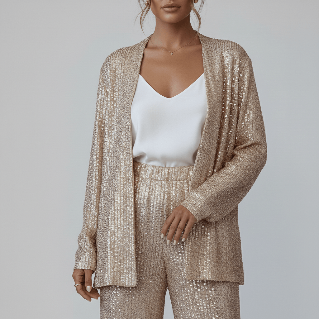Estella Two Piece Set Sequin Blazer and Wide Leg High Waist Pants
