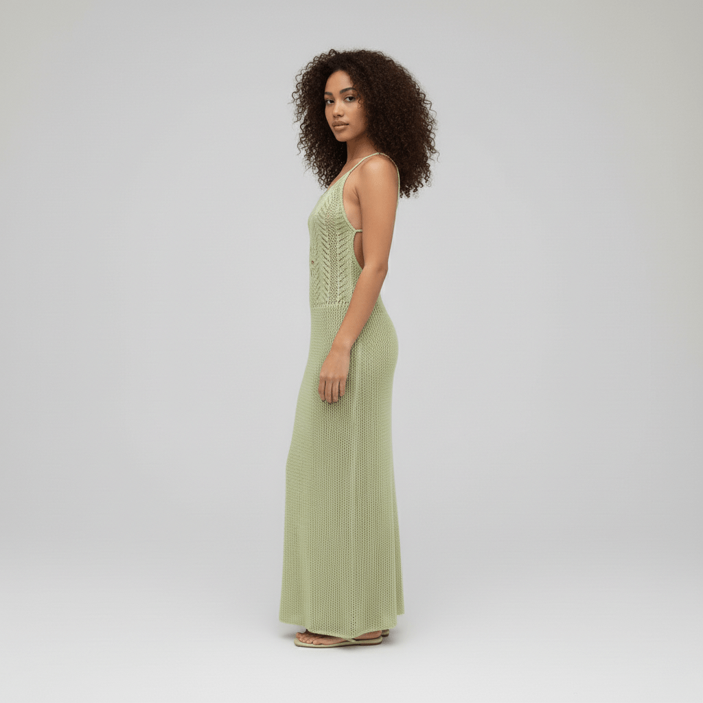 Eva Crochet Knit Maxi Summer Green Dress with Scoop Neck