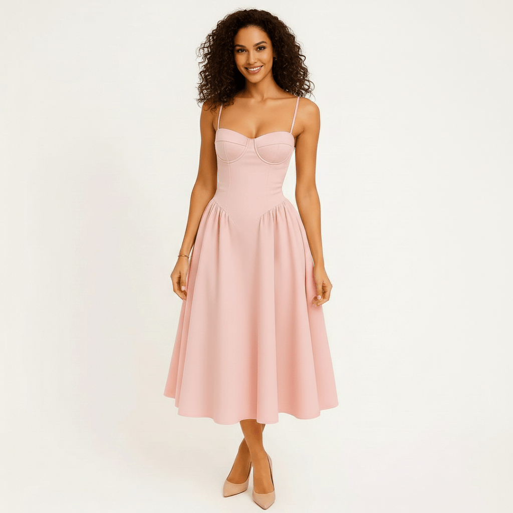 Fleur Corset Bodice Wedding Guest Dress with Spaghetti Straps Midi Length