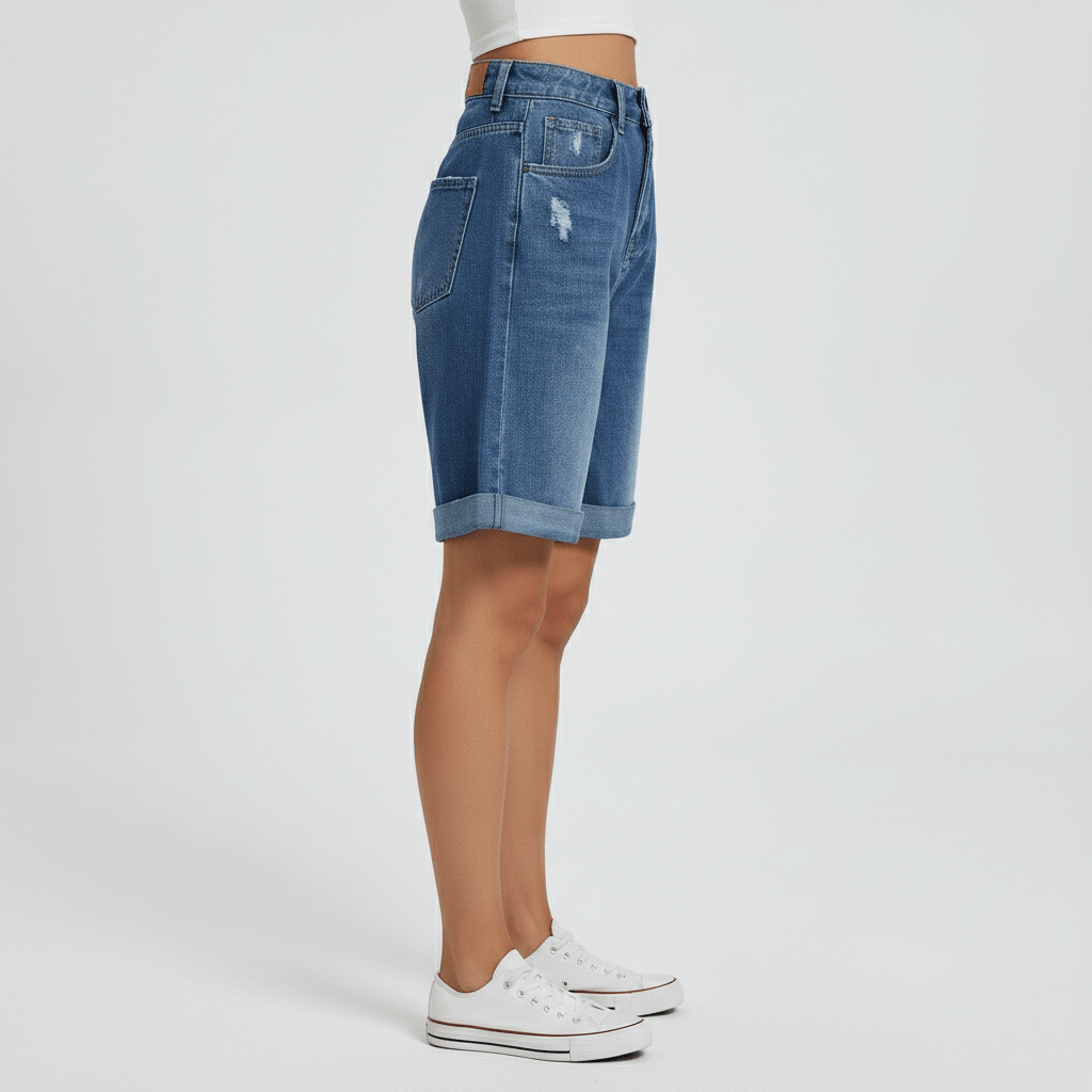 Flora Rolled Hem Denim Shorts Relaxed Fit Mid Rise