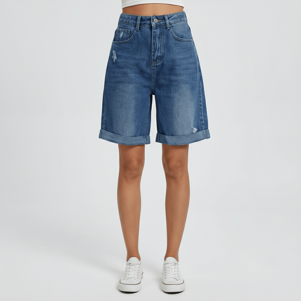 Flora Rolled Hem Denim Shorts Relaxed Fit Mid Rise