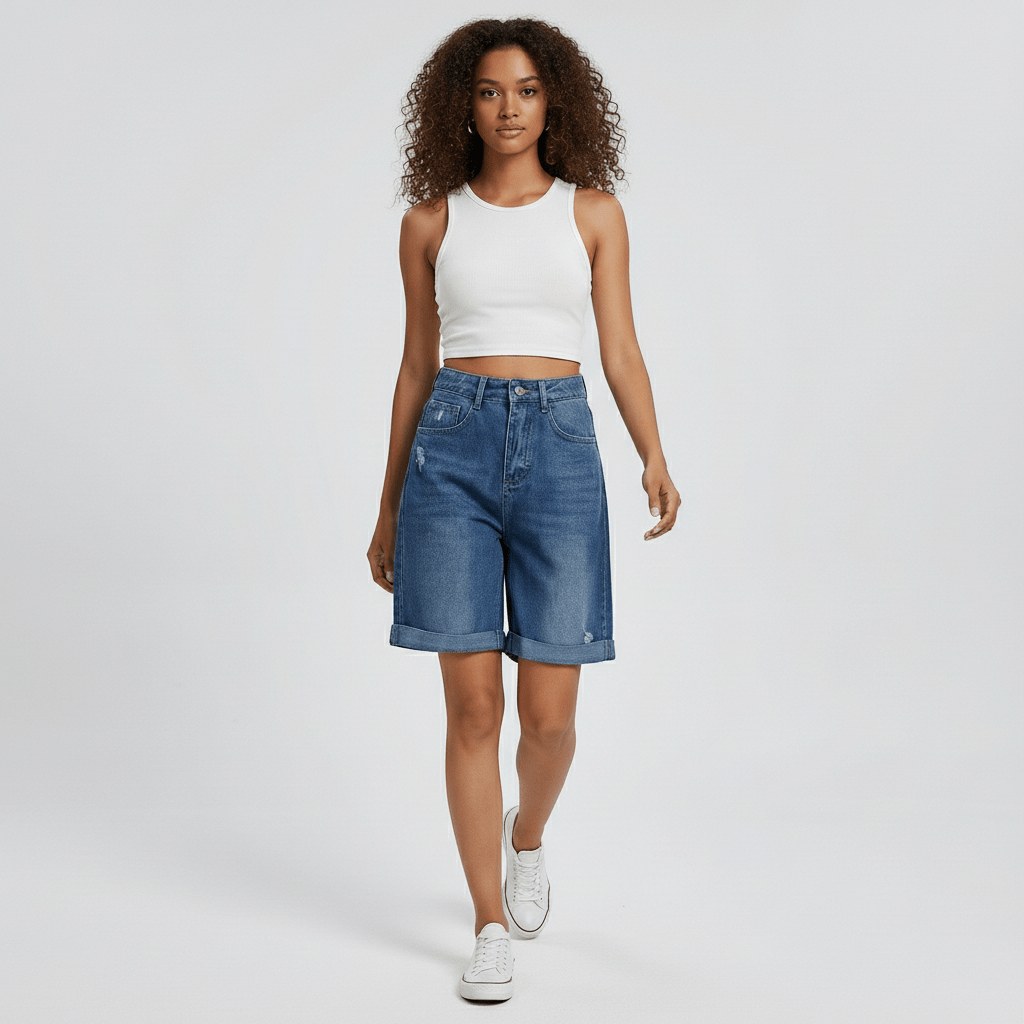 Flora Rolled Hem Denim Shorts Relaxed Fit Mid Rise