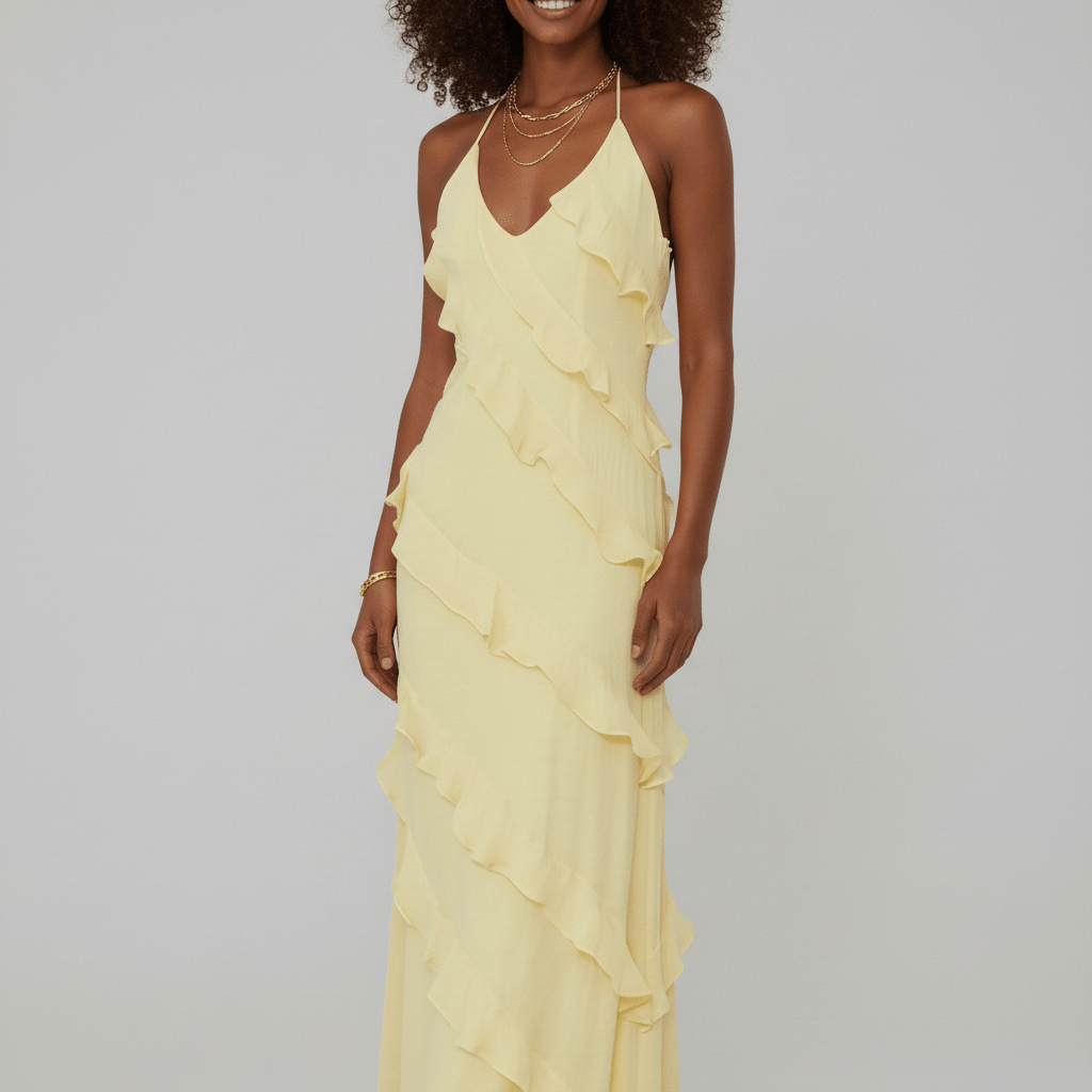 Francesca Halter Neck Ruffle Maxi Dress for Women with V-Neck