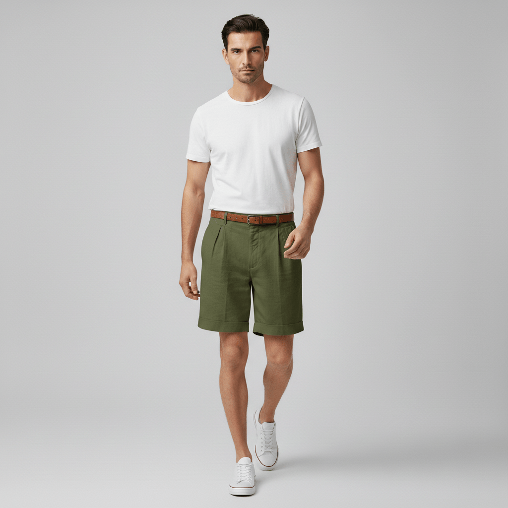 Franklin Pleated Chino Shorts with Side Slip Pockets and Belt Loops