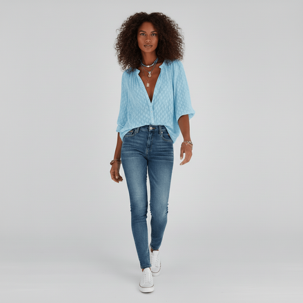 Gabrielle Relaxed Fit Button Blouse with V-Neck