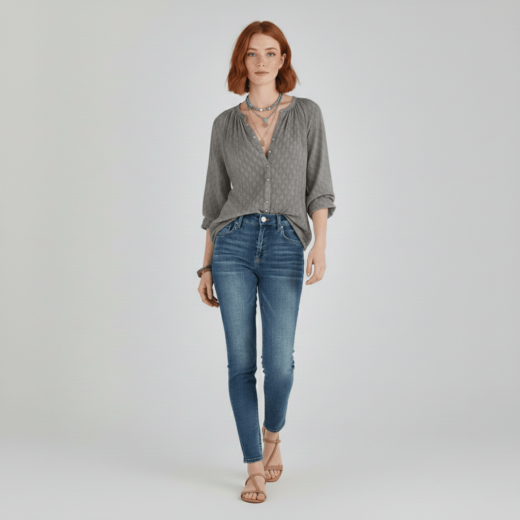 Gabrielle Relaxed Fit Button Blouse with V-Neck