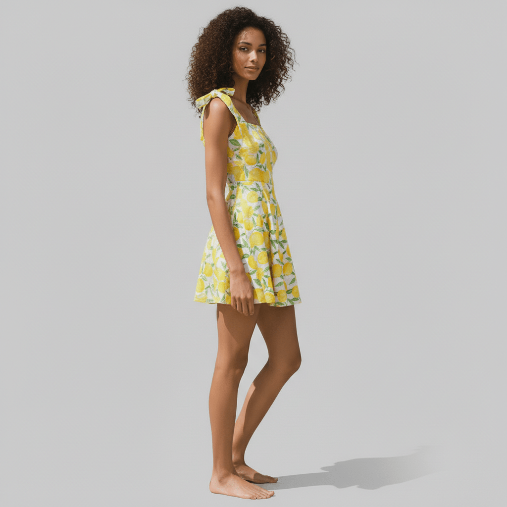 Grace Tie Strap Yellow Mini Summer Dress with Lemon Print and A Line Skirt