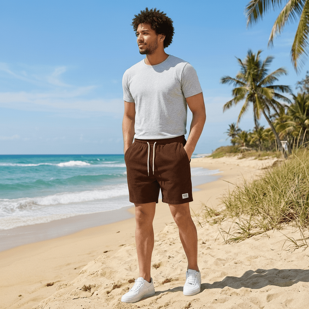 Jason Corduroy Swim Shorts with Elastic Waist and Drawstring