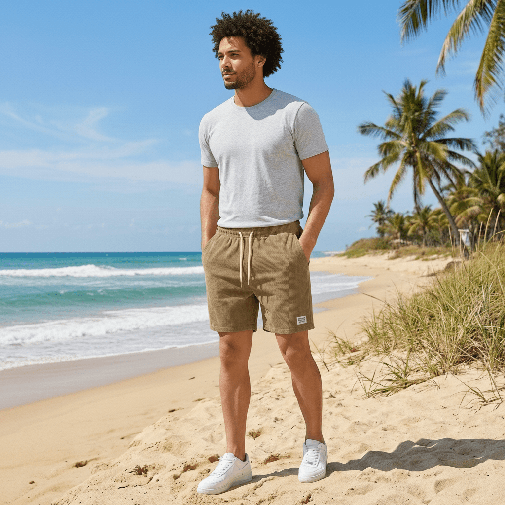 Jason Corduroy Swim Shorts with Elastic Waist and Drawstring